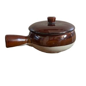 Vintage stoneware pot with lid brown beige handle oven safe cooking baking